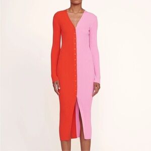 Staud Shoko Colorblock Two Tone Red Pink Knit Long Sleeve Sweater Dress